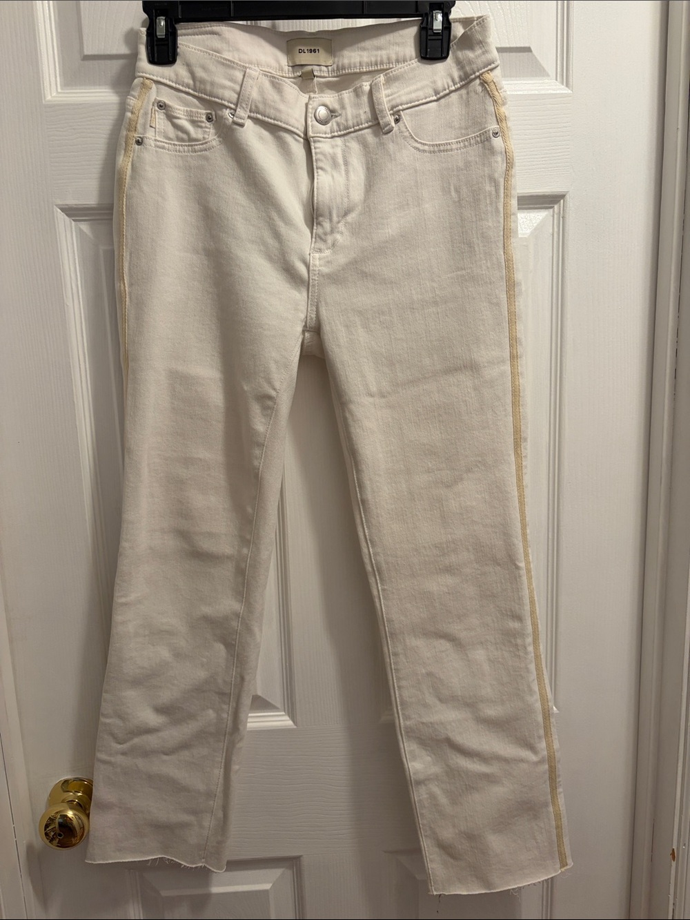 DL1961 Cream Straight-Leg Jeans with Gold Side Trim